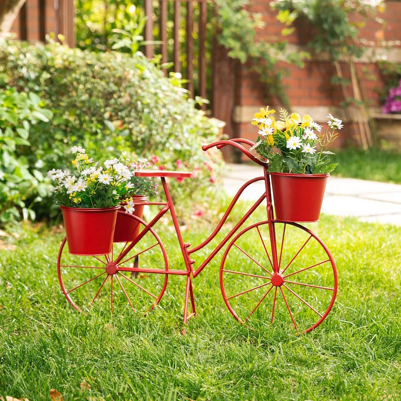 Glitzhome 29"L Christmas Oversized Metal Bicycle Planter Stands Garden Flower Pot Cart - Red