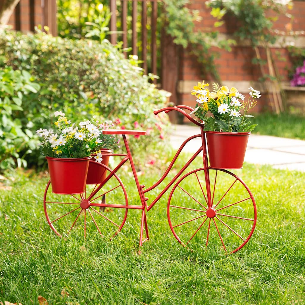 Glitzhome 29"L Christmas Oversized Metal Bicycle Planter Stands Garden Flower Pot Cart