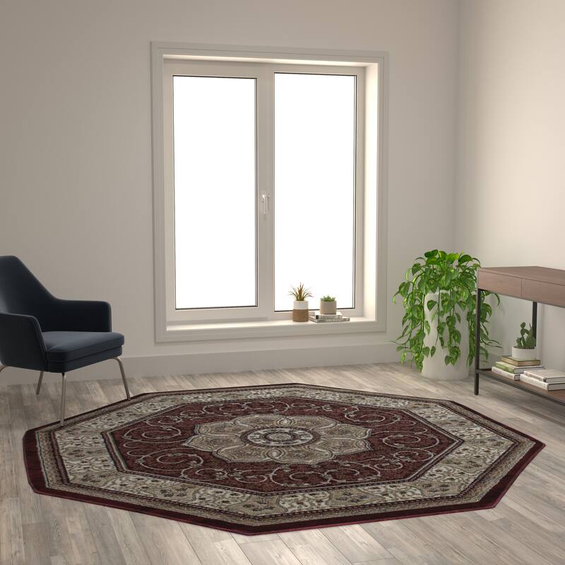Medallion Motif Traditional Persian Style Olefin Area Rug - 7' x 7' - Burgundy
