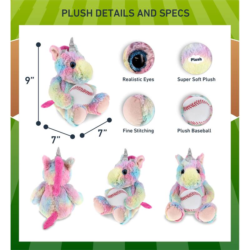 DolliBu Sitting Rainbow Unicorn Stuffed Animal with Baseball Plush - 10 inches