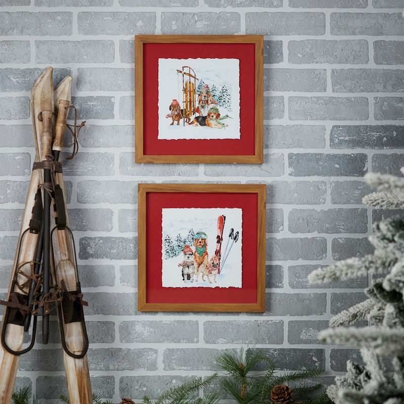 Set of 2 Winter Dog Art Prints with Sled and Ski Accents in Red Matte Glass Frames Perfect for Winter or Cabin Decor