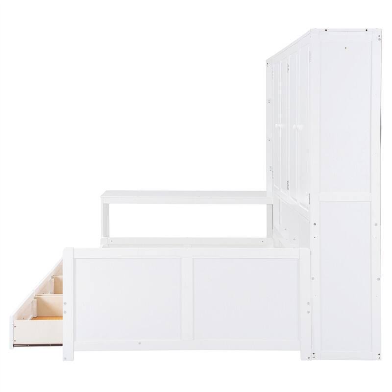 Twin/Full Size Daybed with All-in-One Cabinet and 3 Drawers, Wooden Daybed Frame Sofa Bed with Desk and Storage Shelves