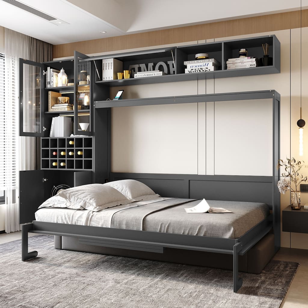 Space-Saving Full Size Murphy Bed with Sofa, Shelves, USB & Light in Gray