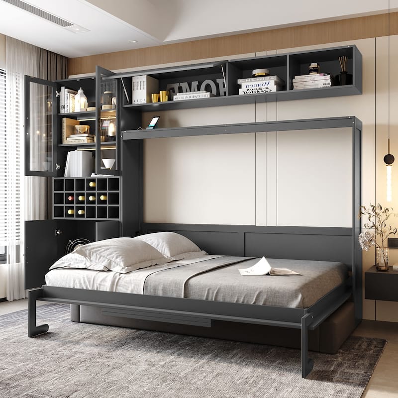Wood Wall Murphy Bed Frame with Couch, USB and Light, Foldable Wall Platform Bed with All-in-One Storage Cabinet