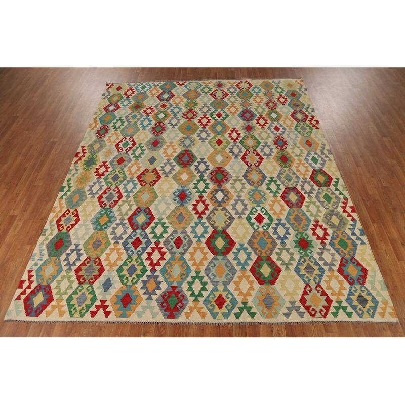 Geometric Beige Kilim Oriental Area Rug Flatweave Wool Carpet - 8'5" x 10'3"