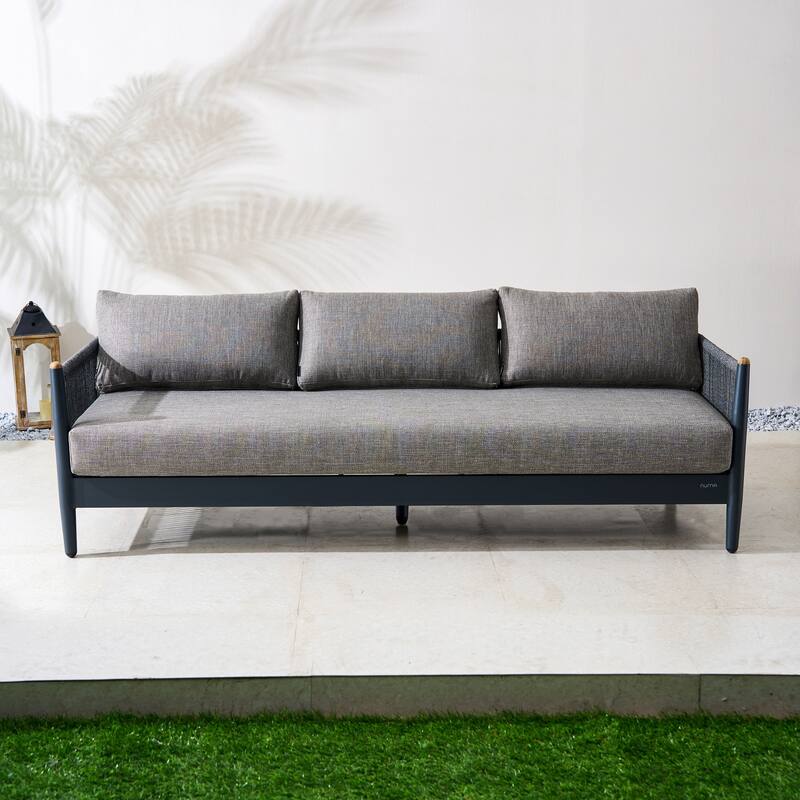 Modern Aluminum Outdoor 3-Seater Sofa with Teak Armrest & Rope Weave, Gray Cushions