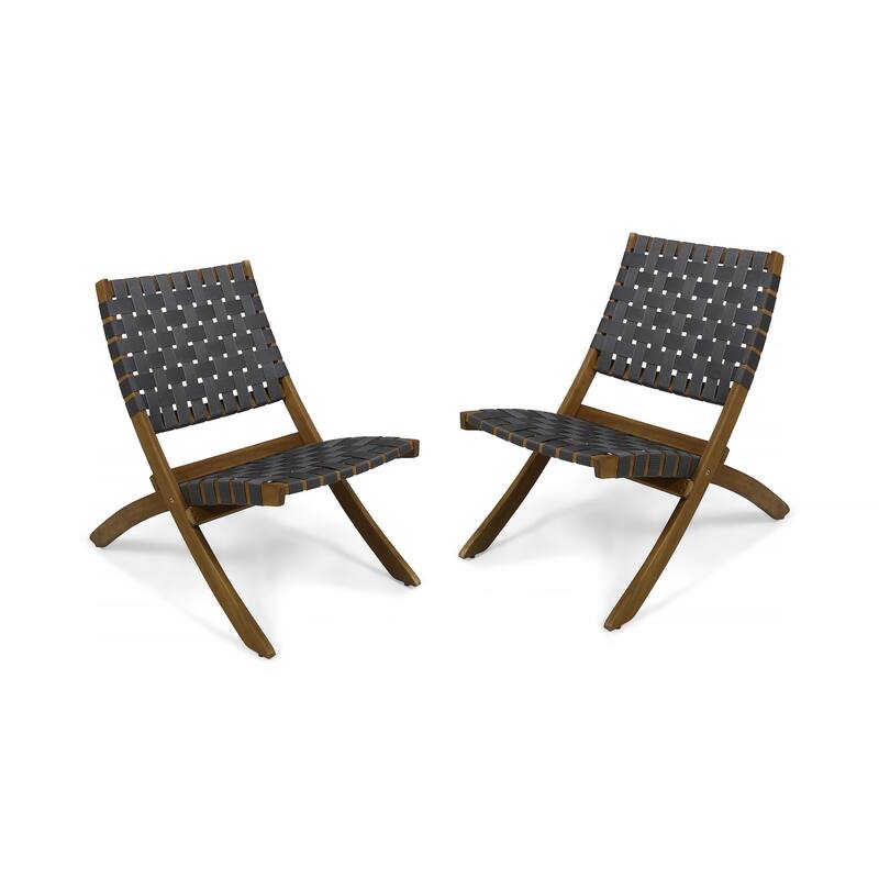Roomfitters Armless Woven Strap Lounge Chairs, Set of 2 for Patio or Balcony, Grey and Natural Wood