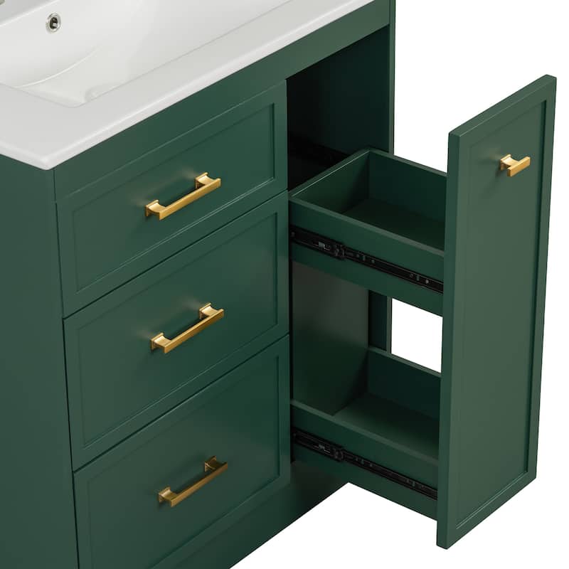 Classic Floor Storage Cabinet Freestanding Vanity for Bathroom with Side Double Layer Drawer, 2 Drawers and Gold Handles