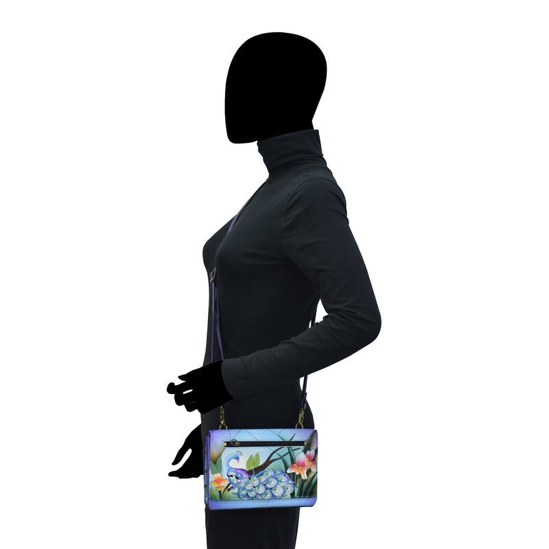 Handpainted Leather Ladies Organizer Wallet On a String - Midnight Peacock