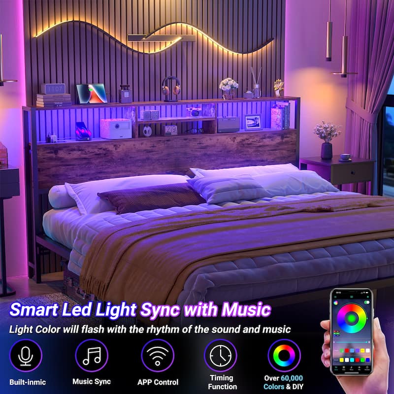 Headboard with Storage and Charge Station, Platform Bed Heaboard with LED Lights