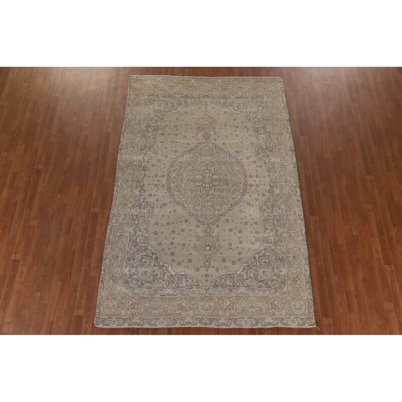 Hand Knotted Oriental 100% Wool Carpet Traditional Medallion Beige & Ivories Tabriz Area Rug - 9' 9'' X 6' 5''