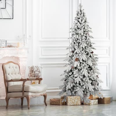 8 FT Flocked PE/PVC Christmas Tree with 44 Natural Pine Cones-1634Tips, Space-Saving Design, Hinged Branches, Stable Metal Stand