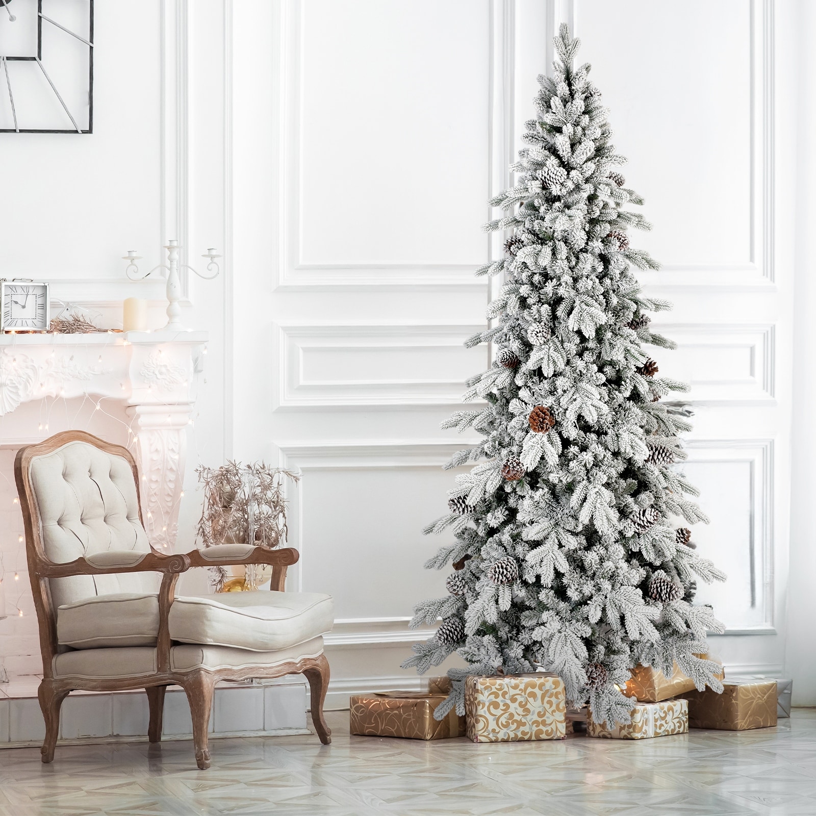 Flocked PE/PVC Christmas Tree - Pine Cones, Hinged Branches, Metal Stand, Snowy Look - White+Green