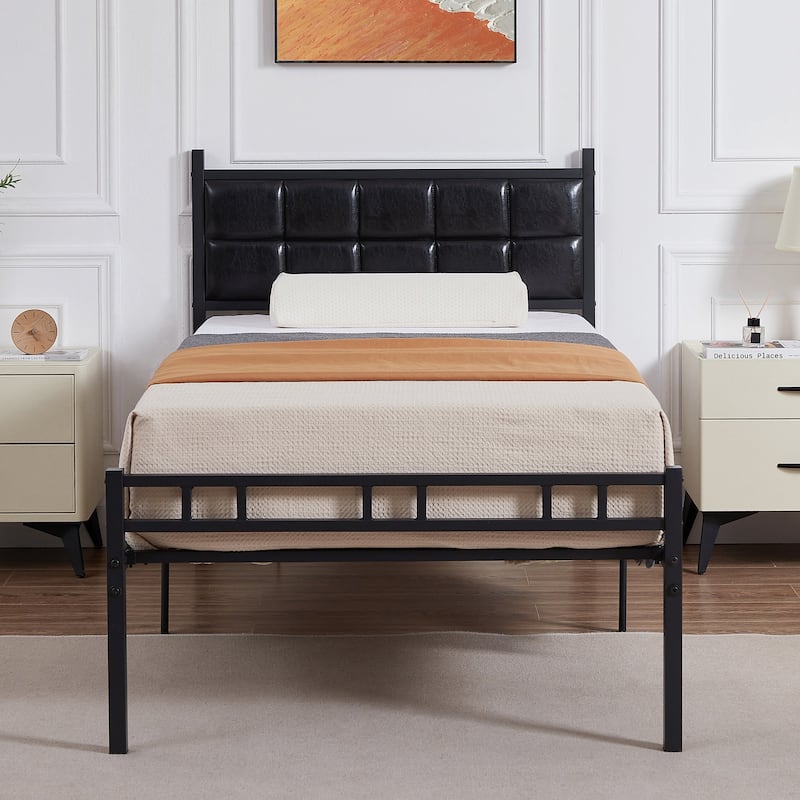 VECELO Faux Leather Tufted Bed, Metal Frame Bed Frame