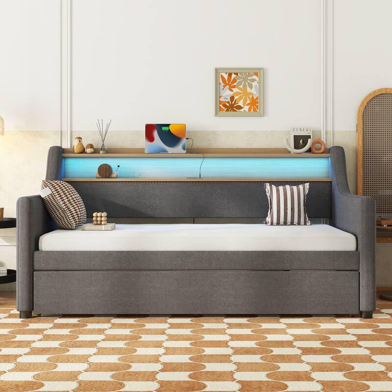 Roomfitters Upholstered Twin Daybed with Trundle, Built-in Charging Station & Lighting Headboard, Space-Saving Design