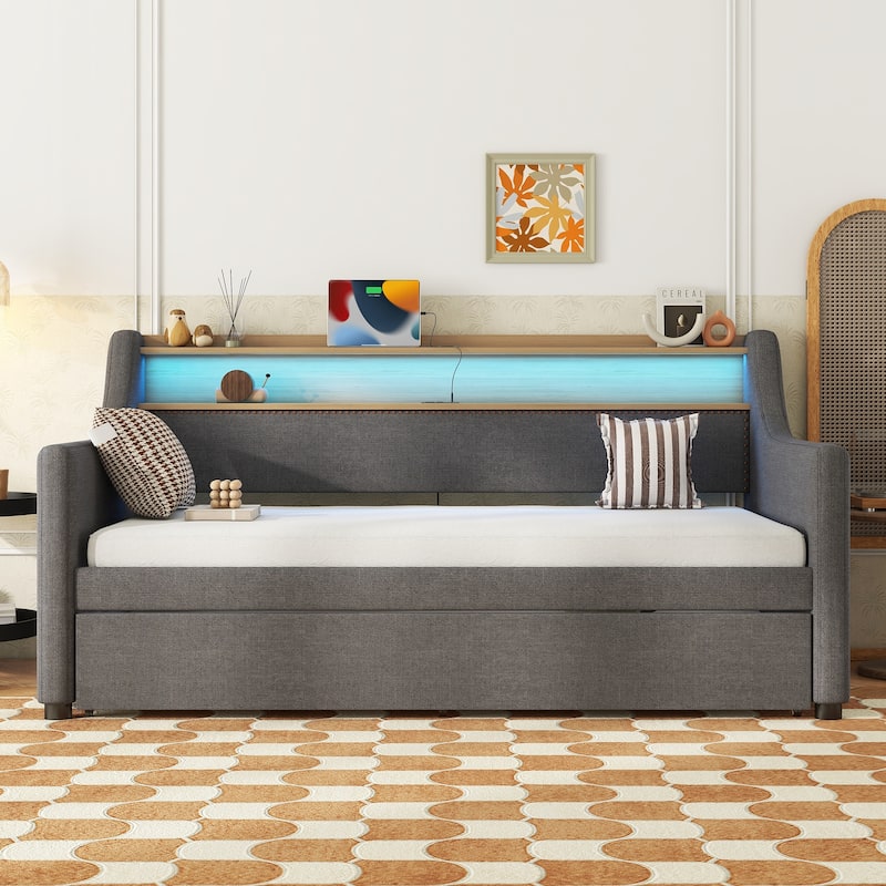 Twin Size Upholstered Daybed with Trundle and Storage Headboard, Twin Sofa Bed Frame with Charging Station and LED Lights - Gray - Twin