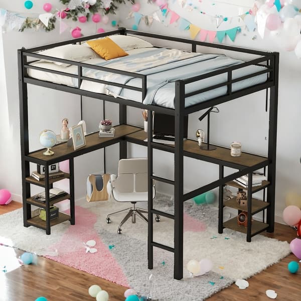 slide 2 of 16, Elegant Full Metal Loft Bed with Desk and Shelves, Loft Bed with Ladder and Guardrails, Loft Bed Frame for Bedroom, Black Black