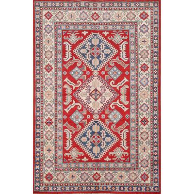 Red Kazak Rug Hand-Knotted Traditional Wool Carpet - 3'11"x 6'1"