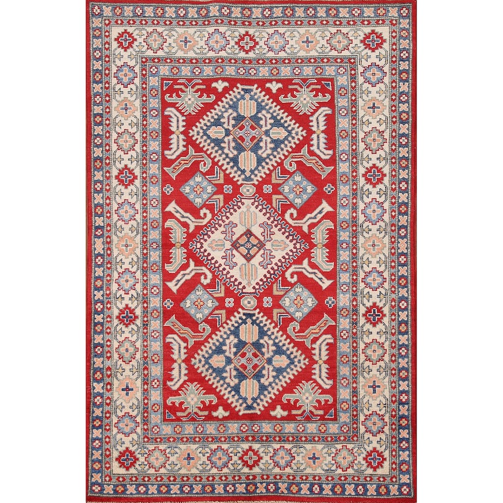 Red Kazak Rug Hand-Knotted Traditional Wool Carpet - 3'11"x 6'1"