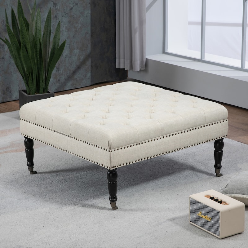 Beatrice 34-in Pleated Tufted Linen Cocktail Ottoman Caster Wheels