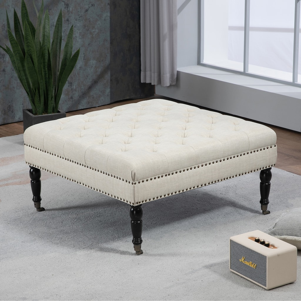 Beatrice 34-in Pleated Tufted Linen Cocktail Ottoman Caster Wheels