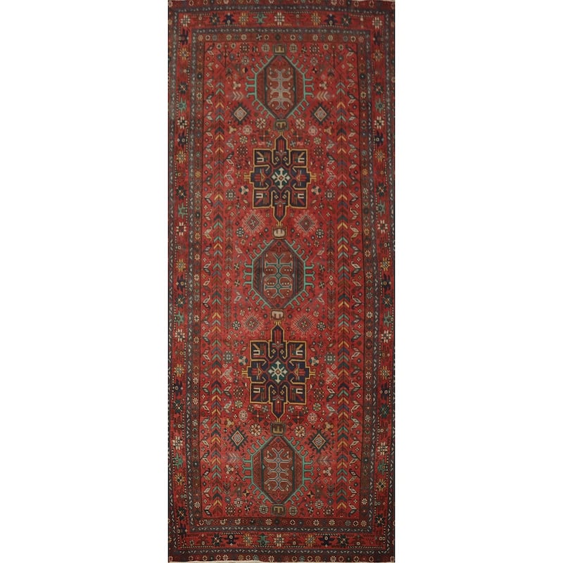 Hand Knotted Oriental 100% Wool Carpet Traditional Geometric Red Heriz Area Rug - 12' 9'' X 5' 1''