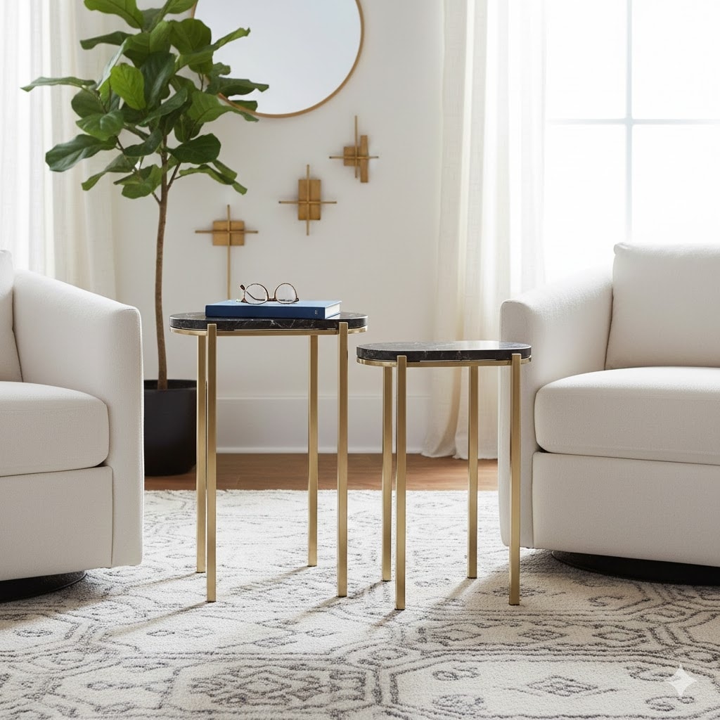 Nesting Tables with Quartz Top - Set of 2, 23", 24", Black & Gold - 24.0"