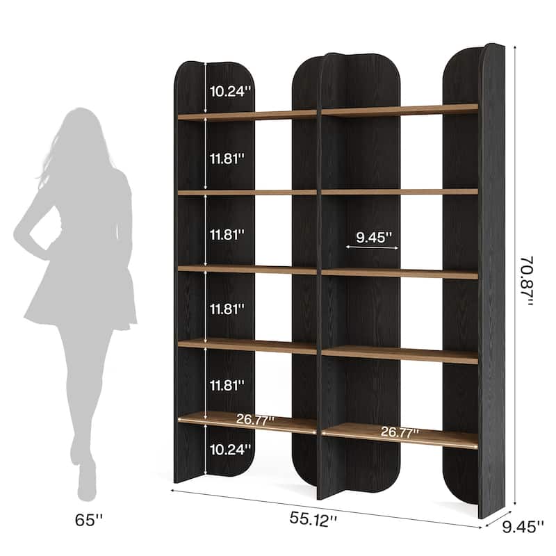 70.87" 5-Tier Double Wide Bookshelf, Open Shelves Tall Floor Standing Bookcase Storage Accent Shelf
