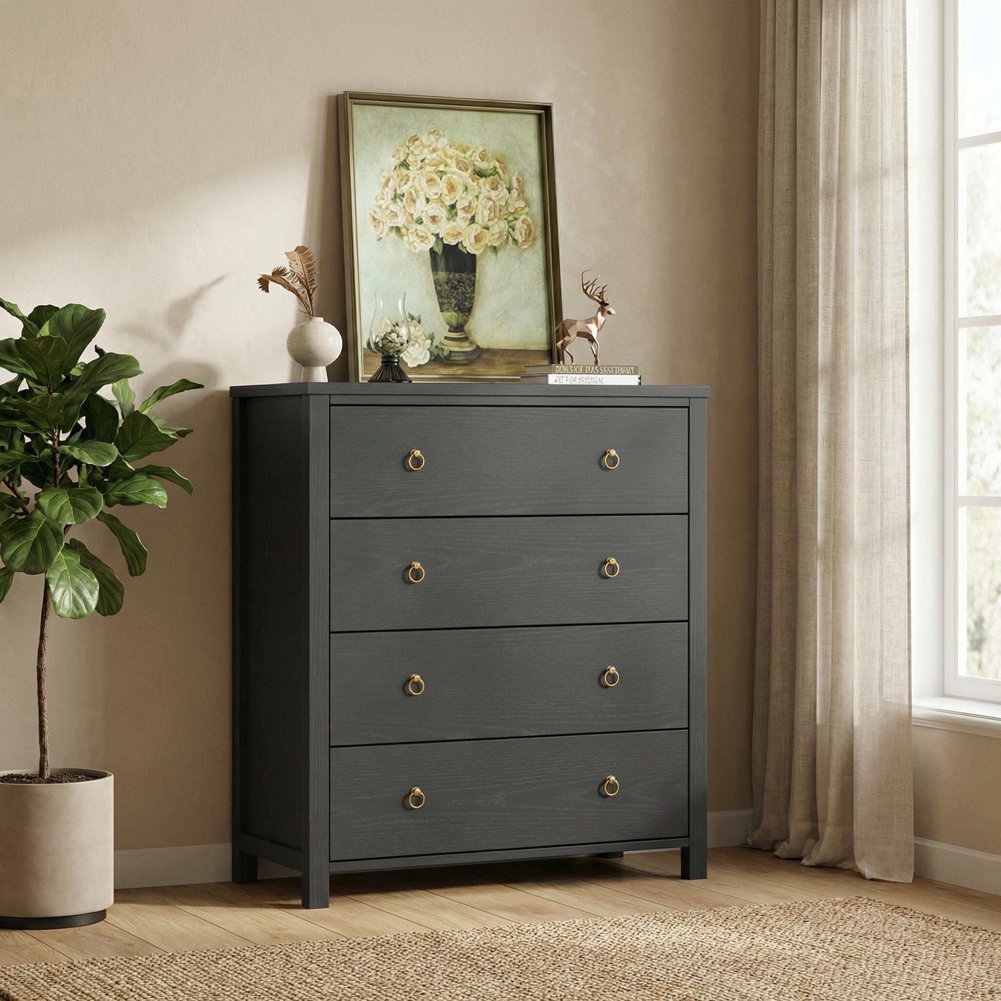 Modern Chest of Drawers with Gold Ring Pull Handles & Strong Legs, Storage Cabinet for Bedroom, Living Room, Entryway
