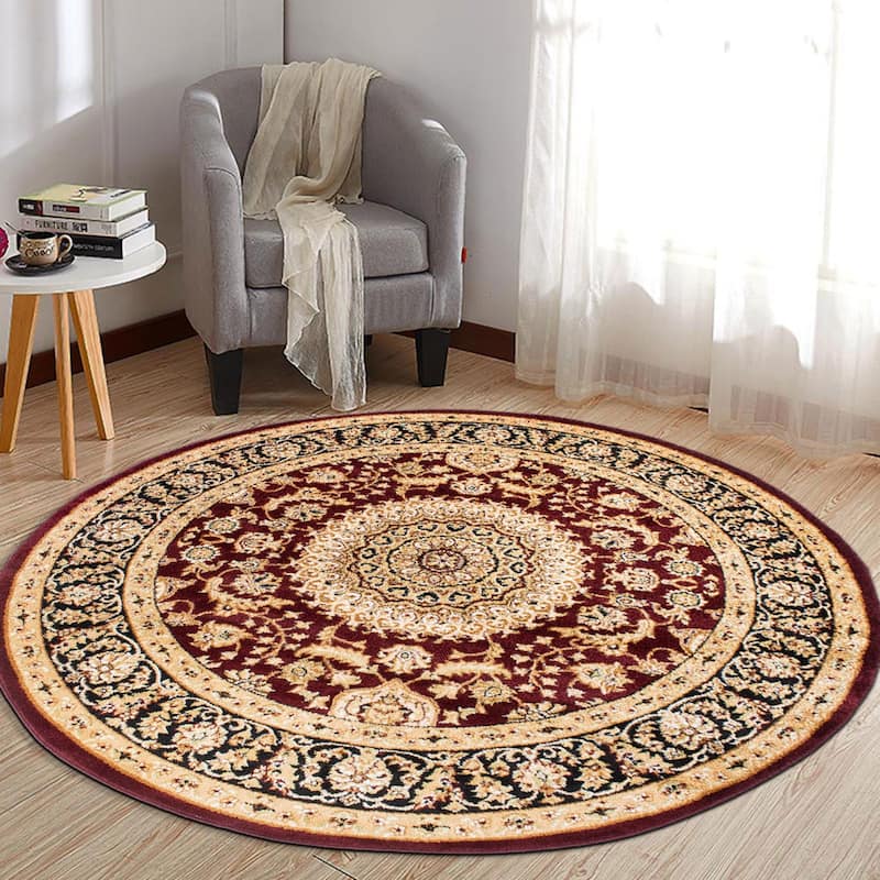 World Rug Gallery Traditional Oriental Medallion Area Rug - 6'6" Round - Burgundy