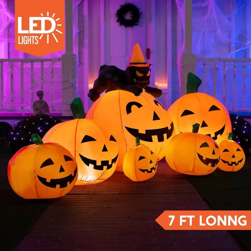 Joyfy 7 FT Long Inflatable Pumpkins with Witch's Cat