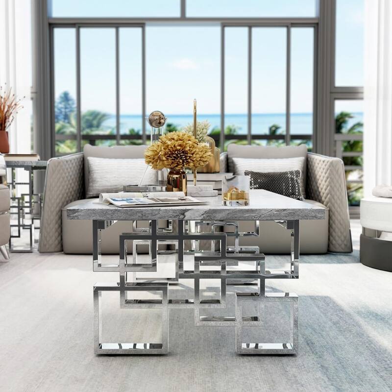 Faux Marble Coffee Table with Metal Legs for Living Room Office