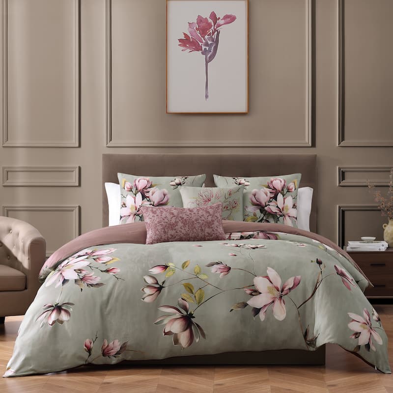 Bebejan Purple Lilies 200 Thread Count 100% Cotton Sateen 5 Piece Reversible Comforter Set