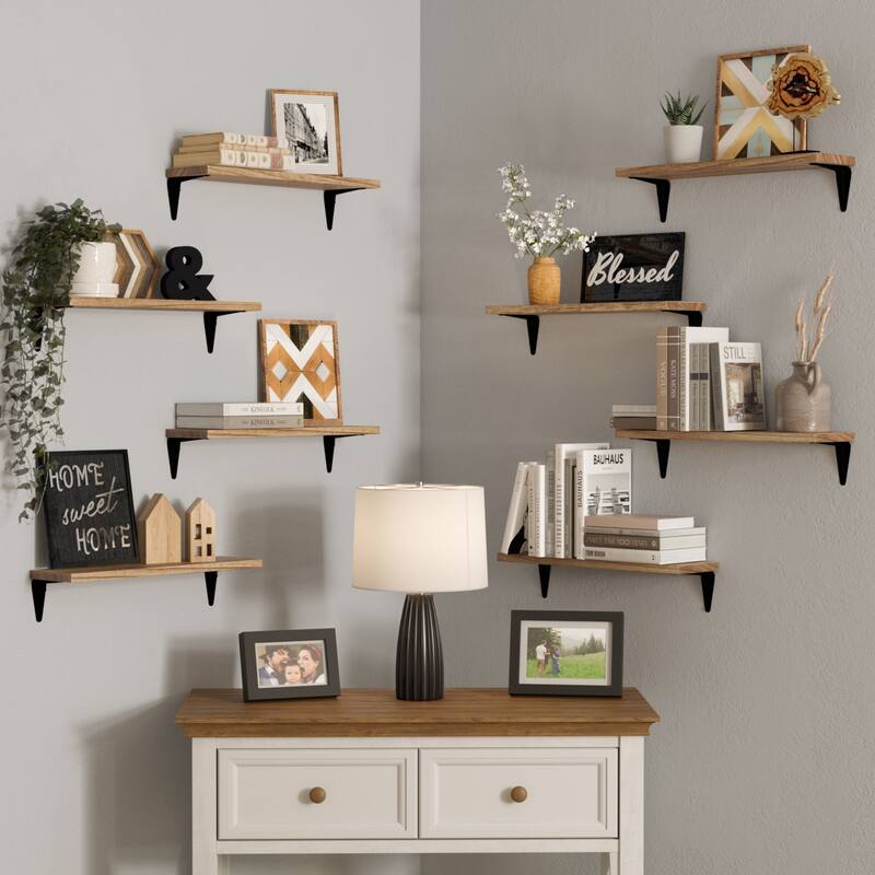 Wallniture Arras 17" Floating Shelves for Living Room Décor, Burnt Finish (Set of 8)