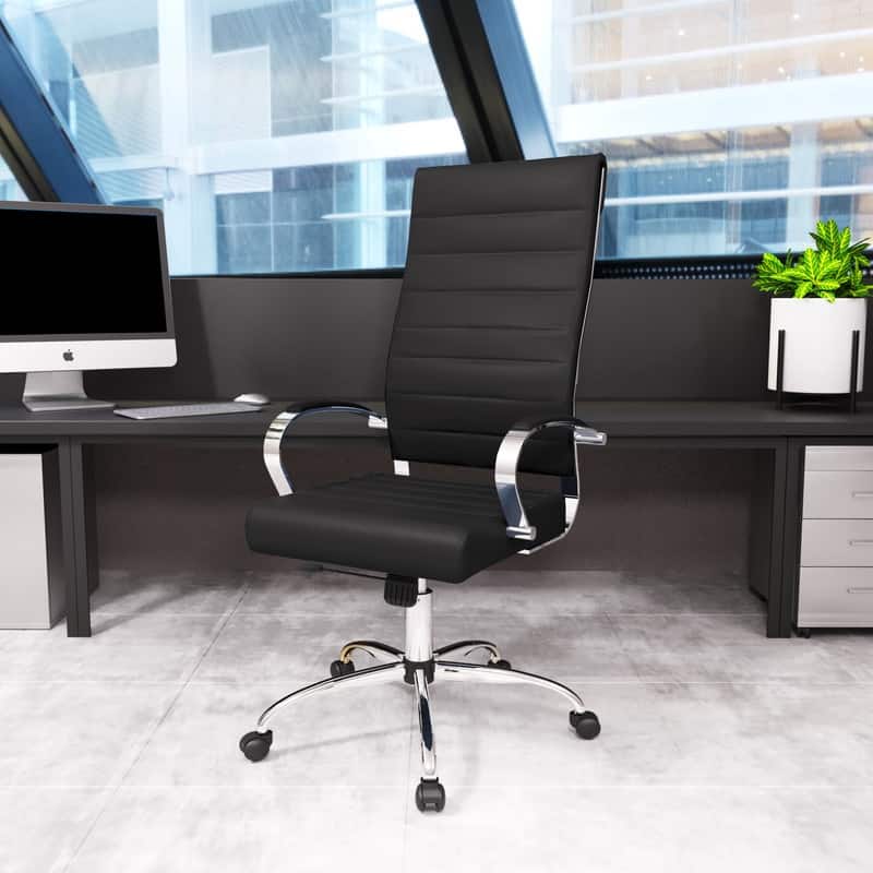 Benmar High-Back Leather Office Desk Chair in Stainless Steel Frame Adjustable Height Tilt Lock 360 Swivel Ergonomic Chair