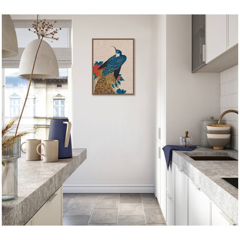 Kate and Laurel Sylvie Peacock and Peonies 1840 Utagawa Hiroshige Neutral Linen Framed Canvas by The Art Institute of Chicago