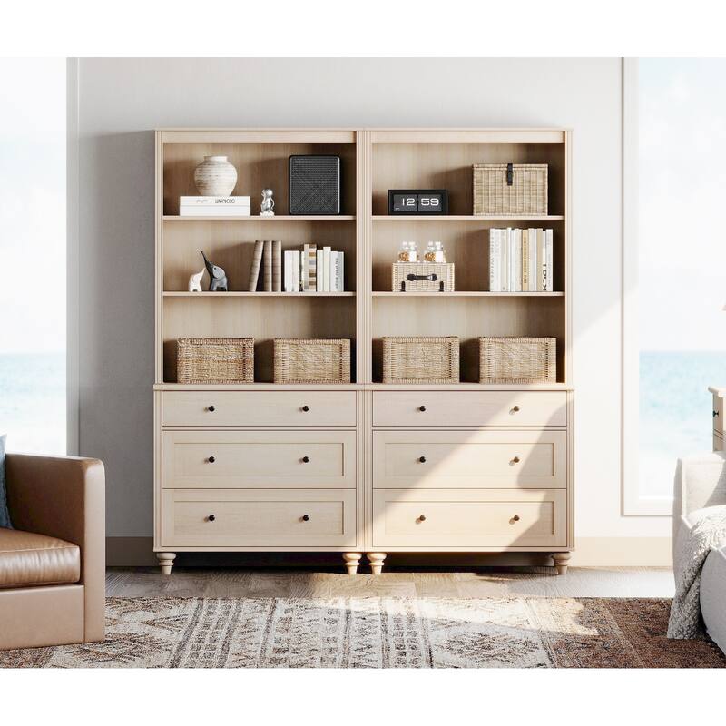 Light Beige Bookcase with Doors, Large Wood Farmhouse Book Case Shelf