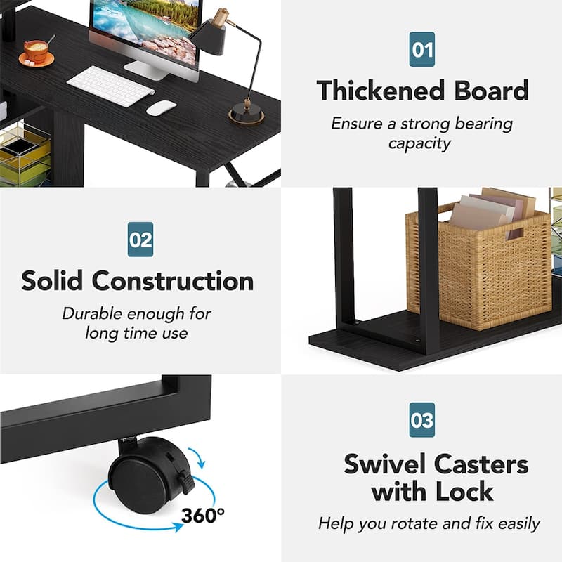 Reversible L-Shaped Computer Desk with 5 Shelves, Wheels