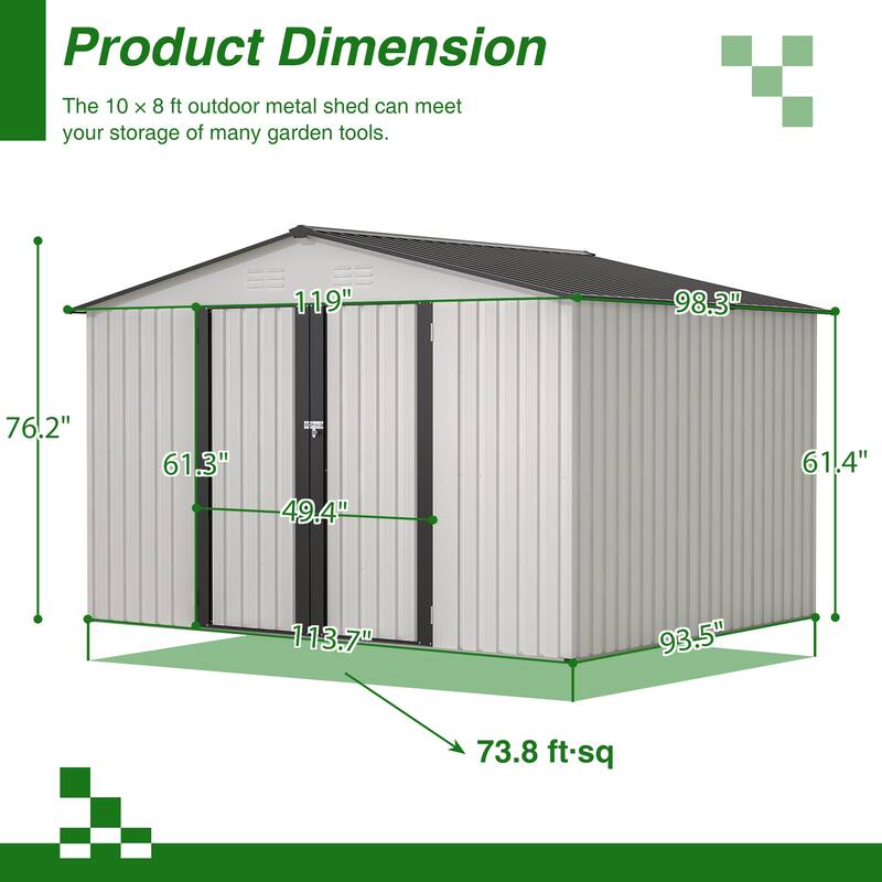 10' x 8' Outdoor Large Storage Shed, Metal Tool Sheds, Lockable - 10X8 FT