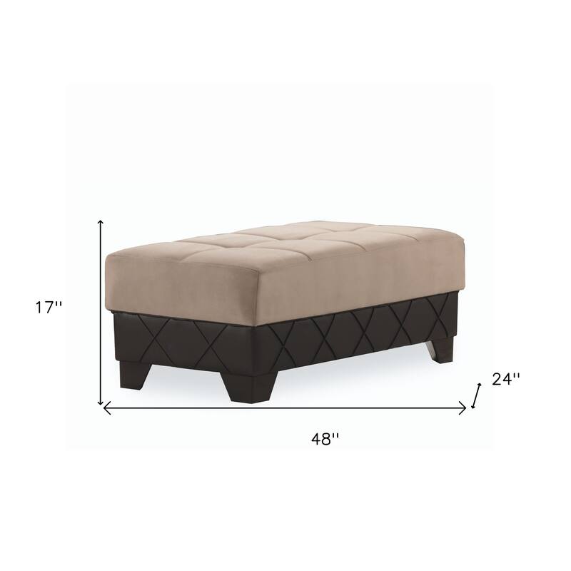 HomeRoots 48" Taupe and Espresso Faux Leather And Microfiber Tufted Storage Ottoman