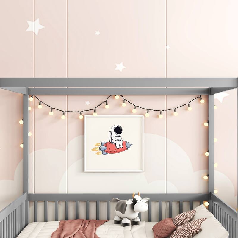 Full Size Canopy Frame Floor Bed with Fence,Guardrails,for bedroom