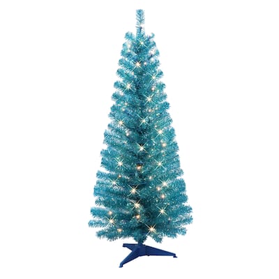 Puleo International 4.5 ft Pre-Lit Teal Tinsel Artificial Tree 160 Tips 70 Clear Lights
