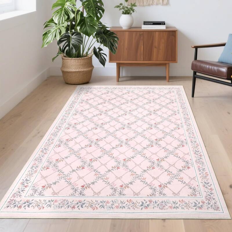 Floral Neutral Washable Hallway Low Pile Area Rug for Bedroom, Living Room, Pink Orange - 2' x 3' - Pink 8*10ft