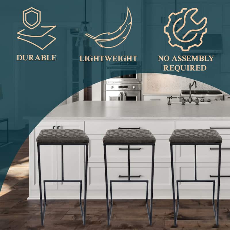 Quincy Leather Counter Barstool – Upholstered Square Seat with Quilted Back, Footrest, and Metal Legs for Kitchen or Dining Area