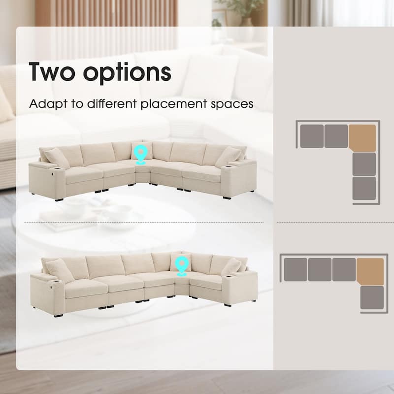 Convertible L Shaped Sectional Sofa, Oversized Corduroy Upholstered Sofa, Modular Corner Sofa with Cup Holders & USB Charger