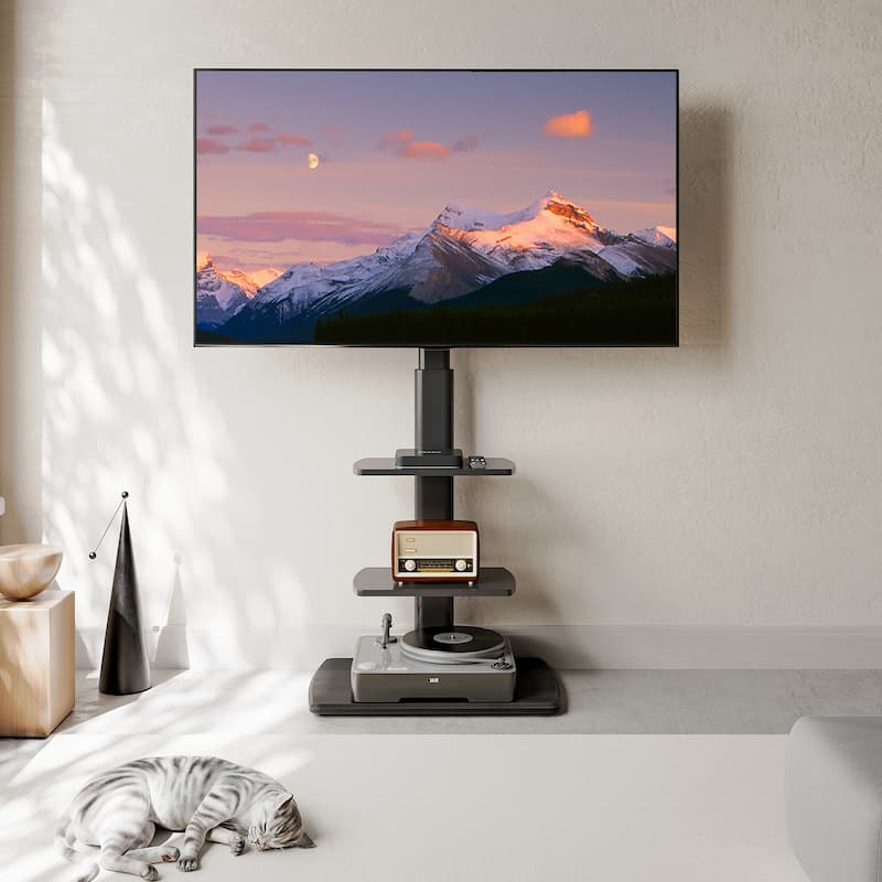 FITUEYES Sturdy Wood Base Floor TV Stand for 32-70 inch TVs with Two Shelves - Black