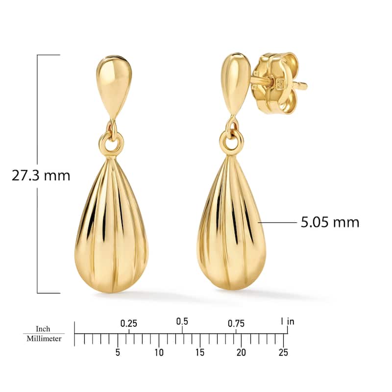 Clover 14K Yellow Gold High-Polish Fluted Teardrop Dangle Stud Earrings