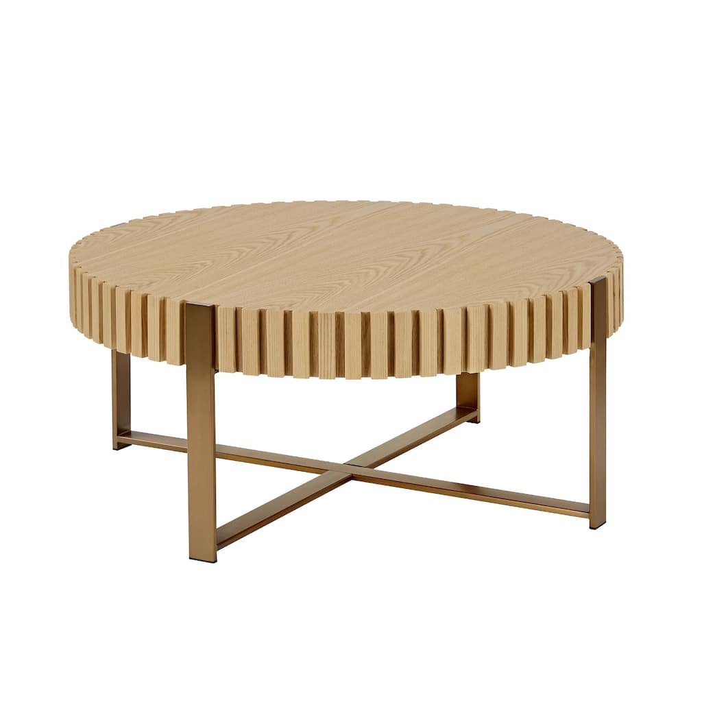 Handcraft Drum Coffee Table 31.5 inch Round Coffee Table for Living Room,Small Coffee Table with Sturdy Pedestal,Natural Ash