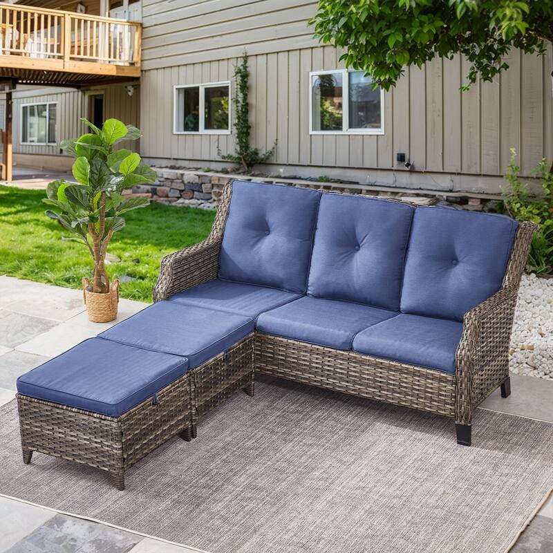 Gymojoy Outdoor Wicker Furniture Set with Cushions All-Weather PE Rattan - 3 PCS - Ottomans & Sofa - Blue