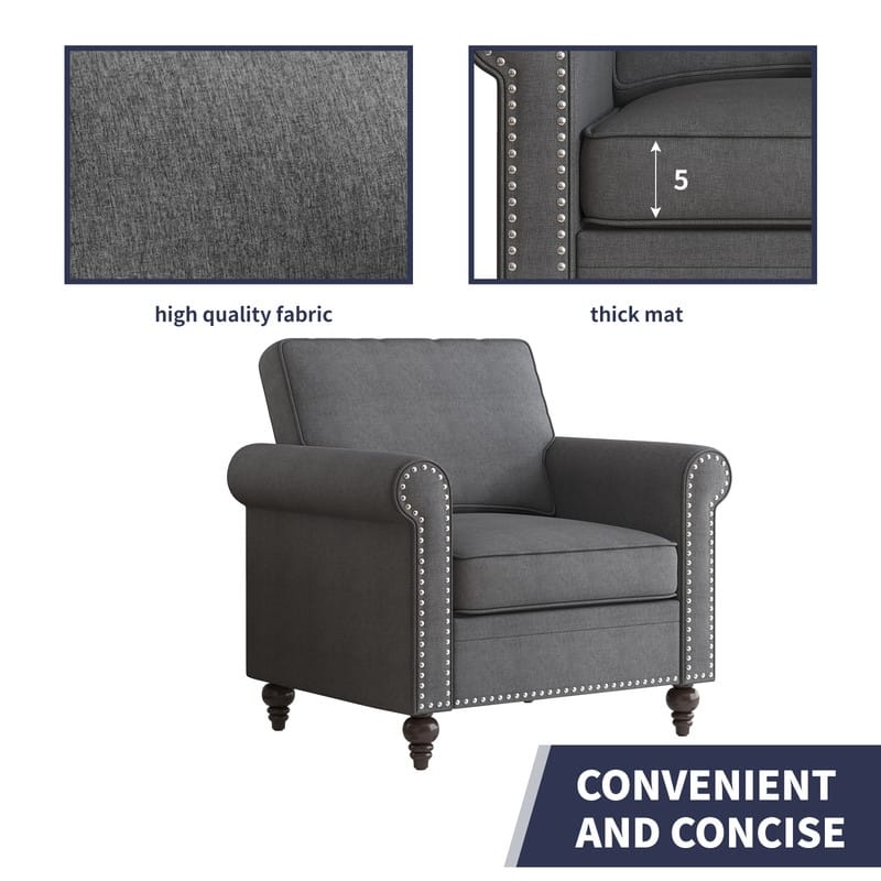 Mixoy 2 Piece Living Room Sofa Set with Rivet Design,Linen 3-Seater Sofa Couch,Loveseat Sofa/Single Sofa Chair